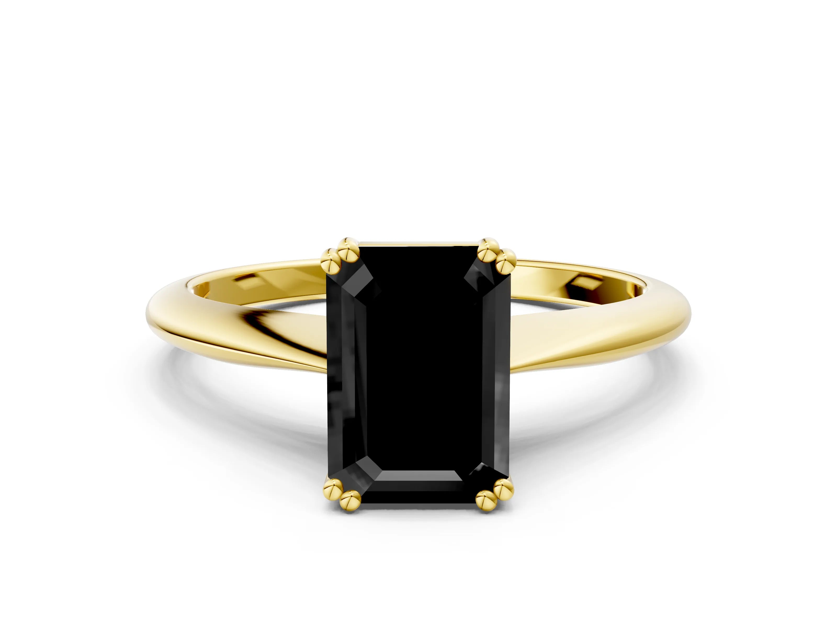 Yellow gold Fancy Black Emerald Cut Solitaire Diamond Ring with Six-Prong Setting and Classic Band