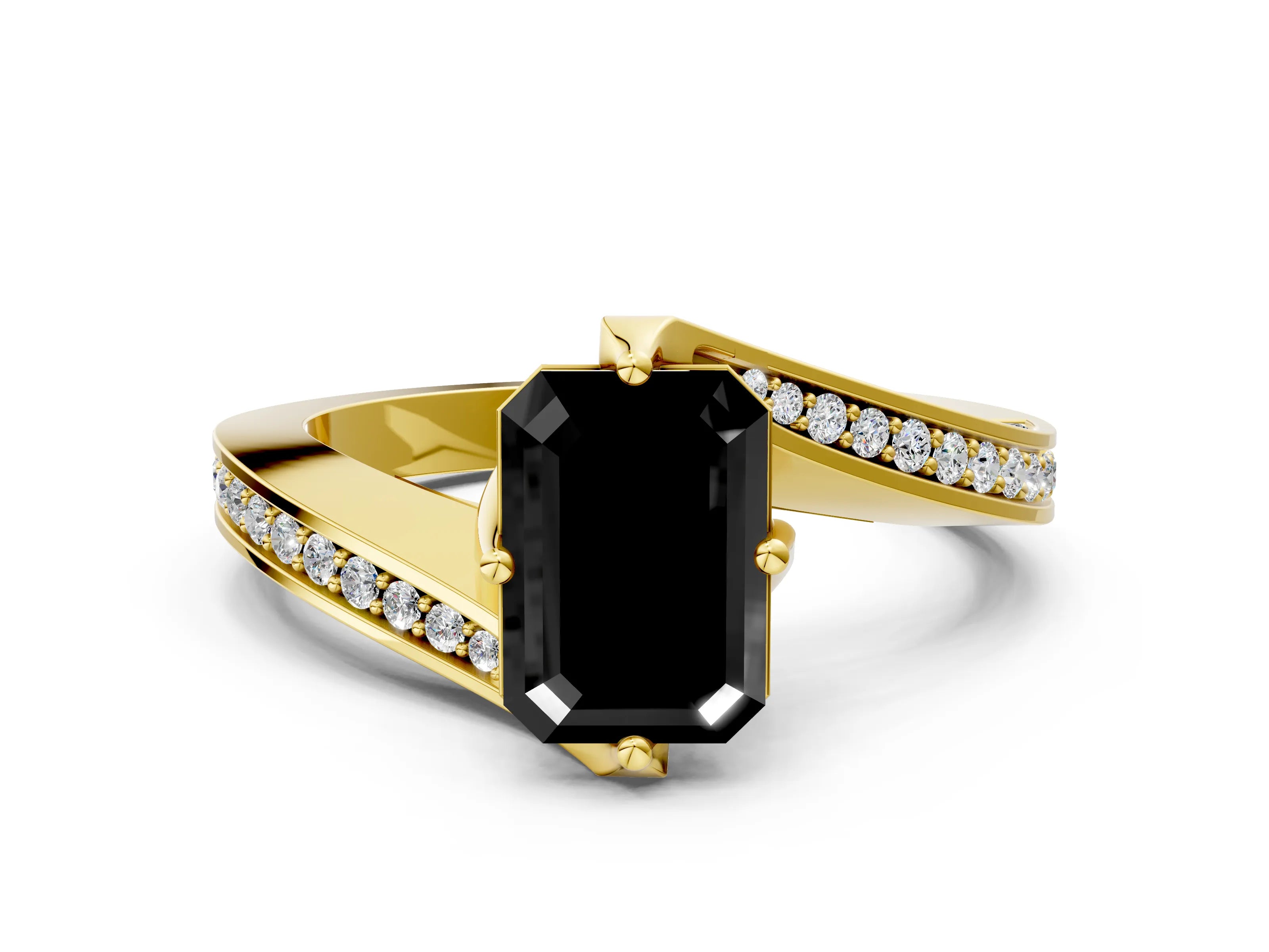 Yellow gold Fancy Black Emerald Cut Solitaire Diamond Twist Band with Pavé Setting and Four-Prong Setting