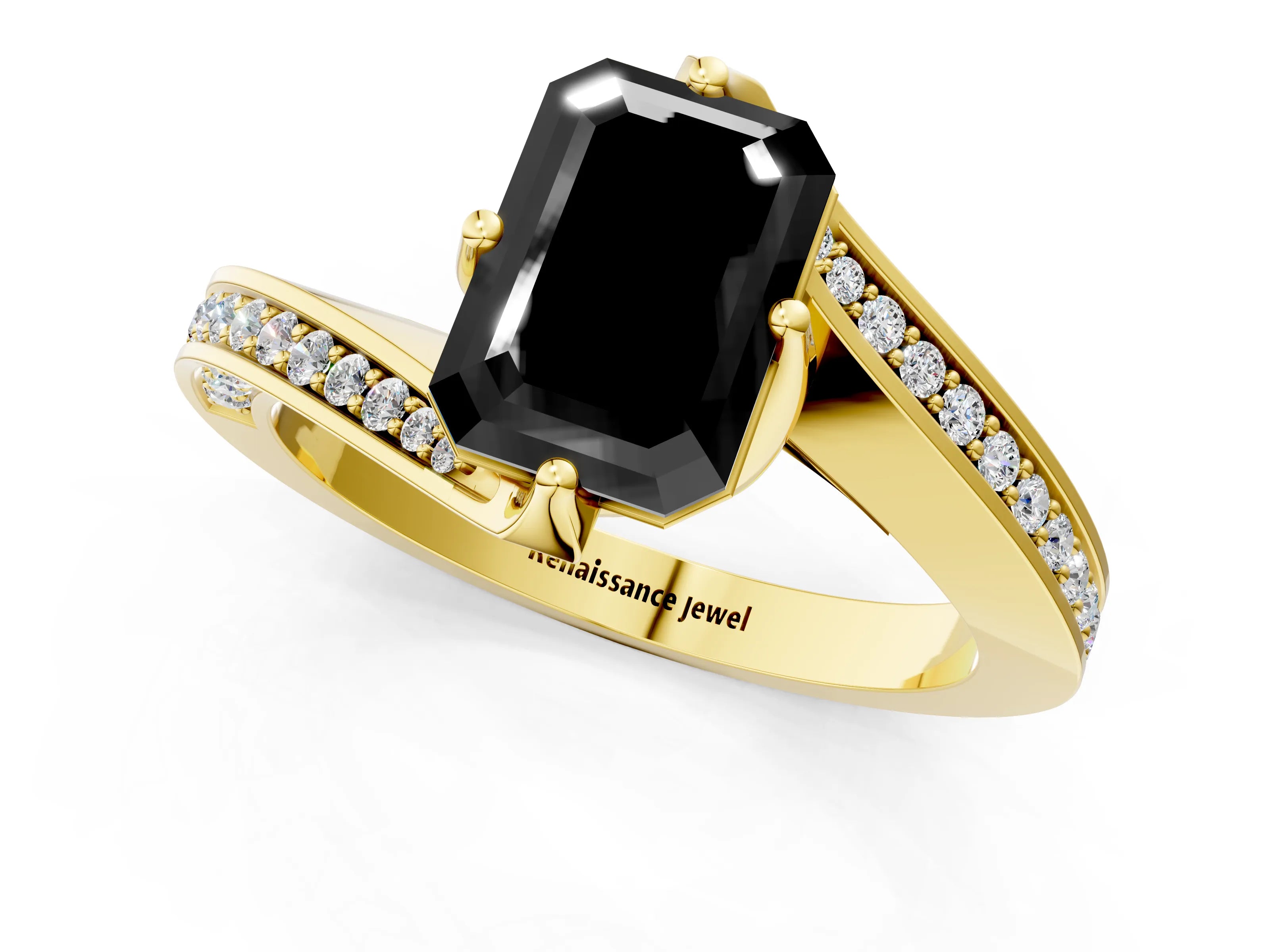 Yellow gold Fancy Black Emerald Cut Solitaire Diamond Twist Band with Pavé Setting and Four-Prong Setting_1