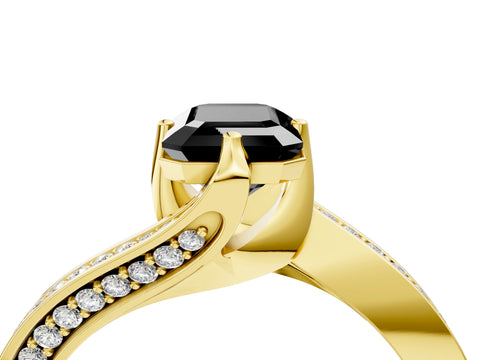 Yellow gold Fancy Black Emerald Cut Solitaire Diamond Twist Band with Pavé Setting and Four-Prong Setting_4
