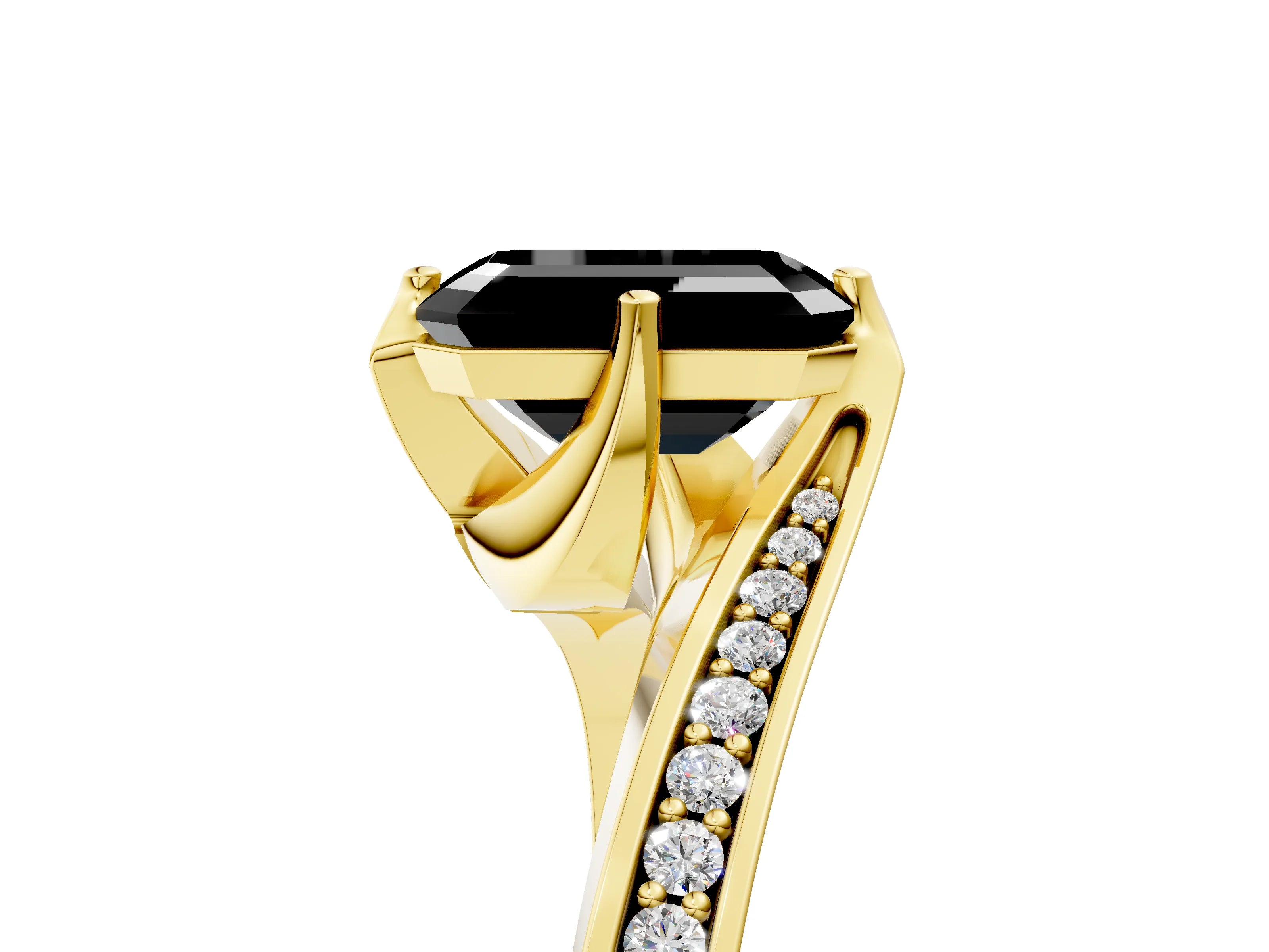Yellow gold Fancy Black Emerald Cut Solitaire Diamond Twist Band with Pavé Setting and Four-Prong Setting_5