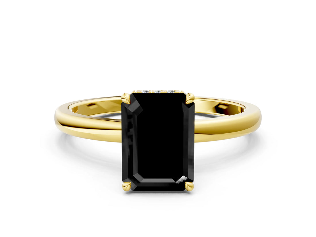 Yellow gold Fancy Black Emerald Cut Solitaire Engagement Ring with Cathedral Band and Four-Prong Setting