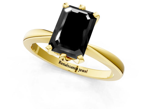 Yellow gold Fancy Black Emerald Cut Solitaire Engagement Ring with Six-Prong Setting and Tapered Band_1