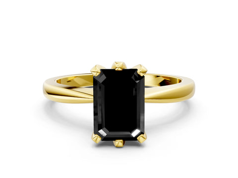 Yellow gold Fancy Black Emerald Cut Solitaire Engagement Ring with Six-Prong Setting and Tapered Band