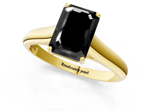 Yellow gold Fancy Black Emerald Cut Solitaire Engagement Ring with Tapered Band and Four-Prong Setting_4
