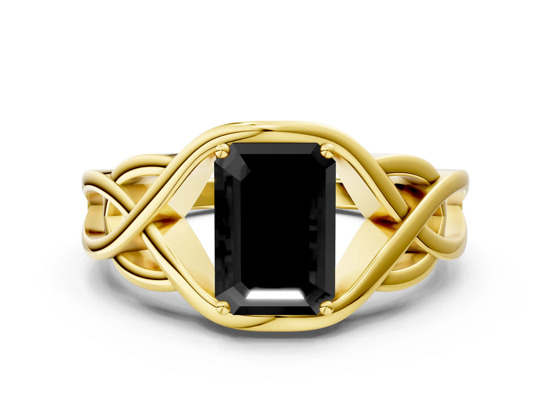 Yellow gold Fancy Black Emerald Cut Solitaire Intertwined Band Prong Setting Ring