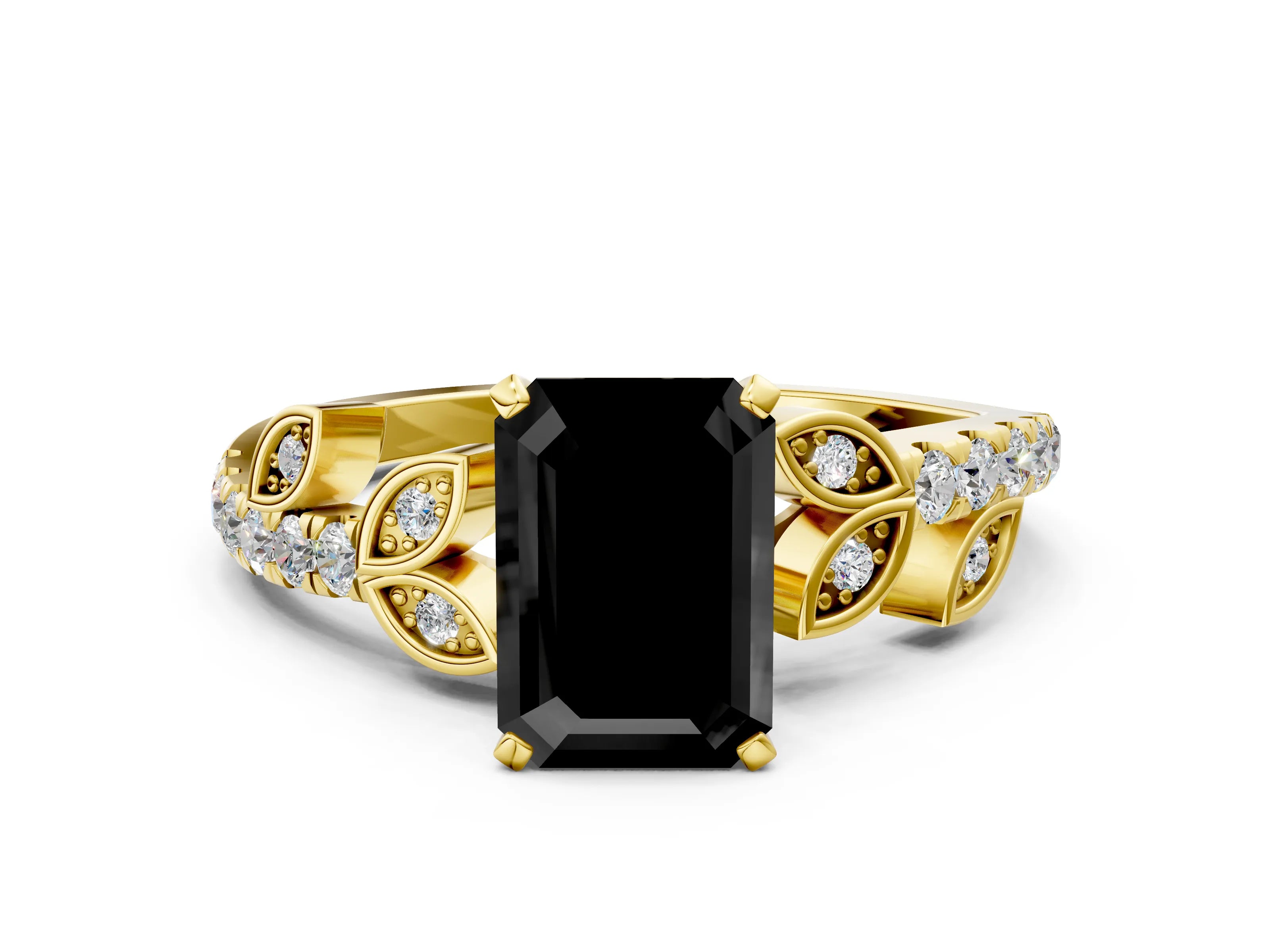 Yellow gold Fancy Black Emerald Cut Solitaire Leaf-Inspired Diamond Ring with Pavé Band and Four-Prong Setting