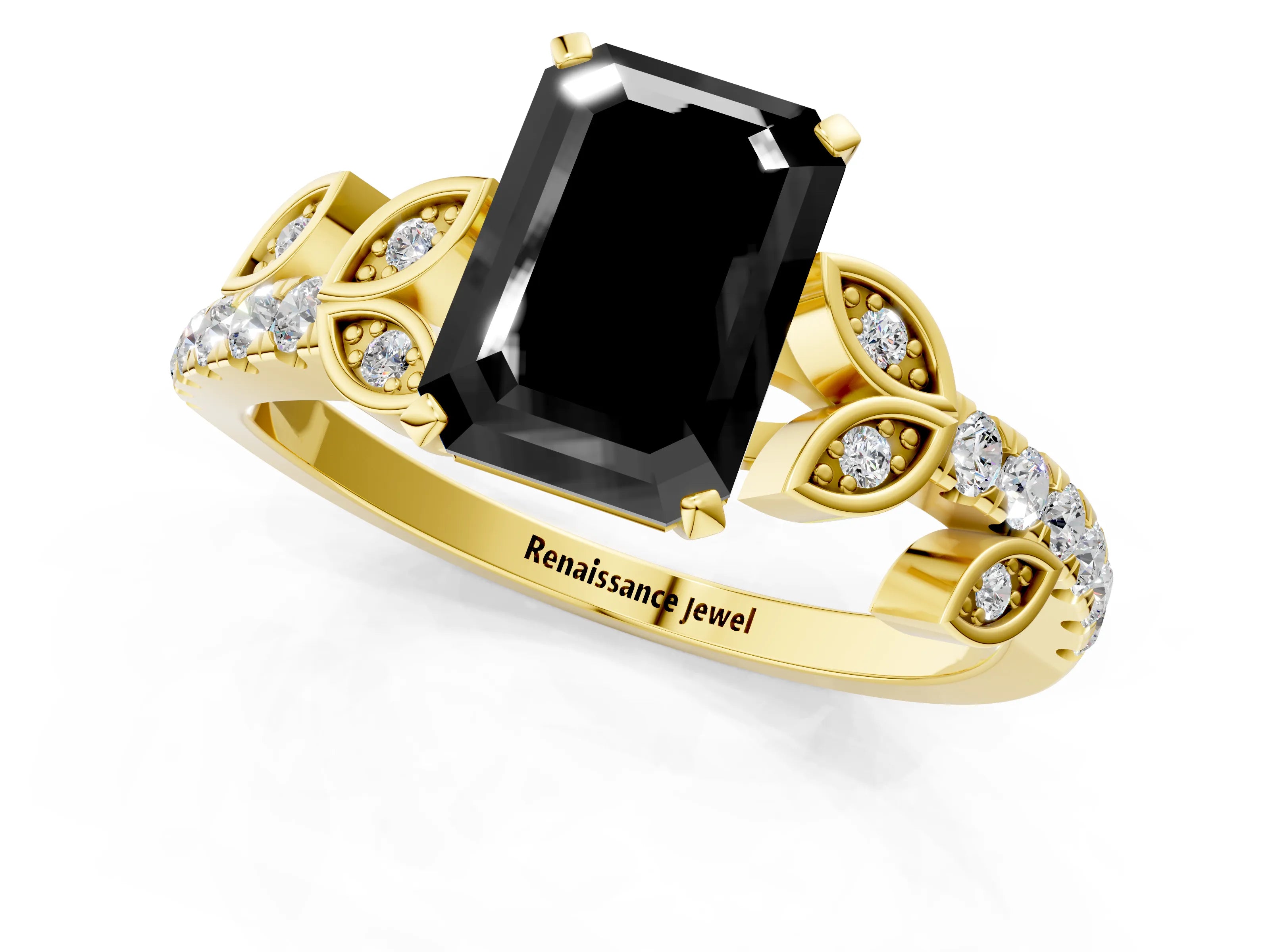 Yellow gold Fancy Black Emerald Cut Solitaire Leaf-Inspired Diamond Ring with Pavé Band and Four-Prong Setting_1