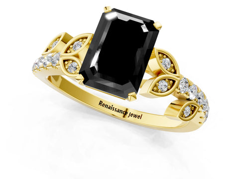Yellow gold Fancy Black Emerald Cut Solitaire Leaf-Inspired Diamond Ring with Pavé Band and Four-Prong Setting_1