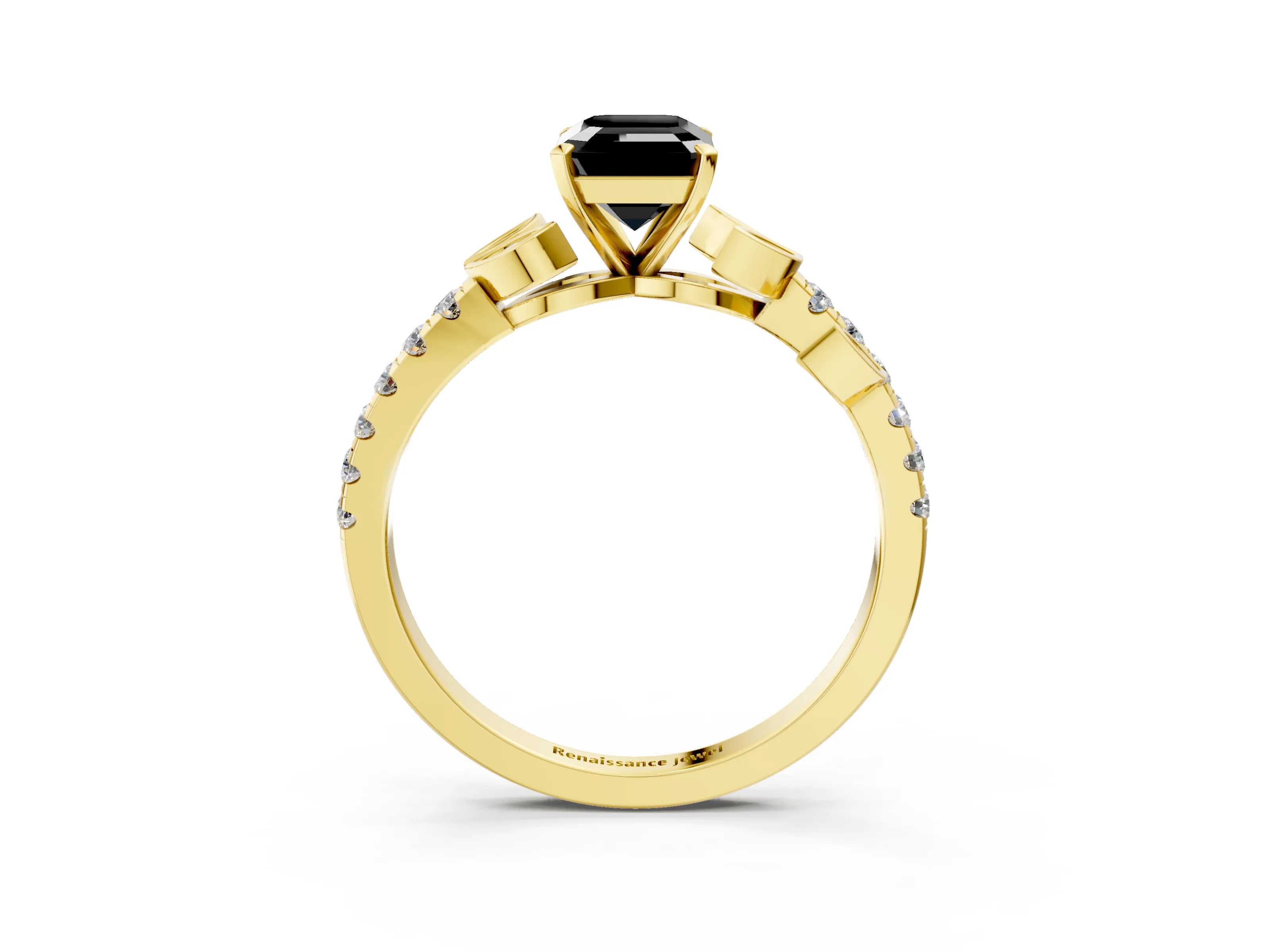 Yellow gold Fancy Black Emerald Cut Solitaire Leaf-Inspired Diamond Ring with Pavé Band and Four-Prong Setting_3