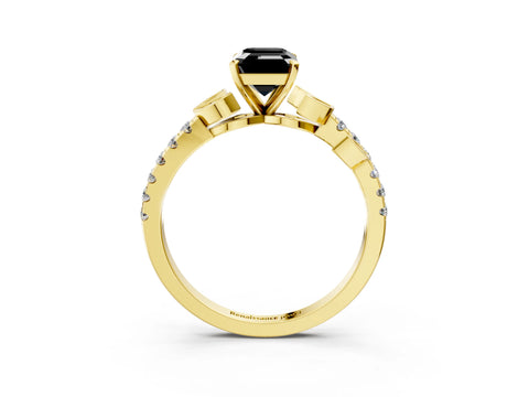 Yellow gold Fancy Black Emerald Cut Solitaire Leaf-Inspired Diamond Ring with Pavé Band and Four-Prong Setting_3