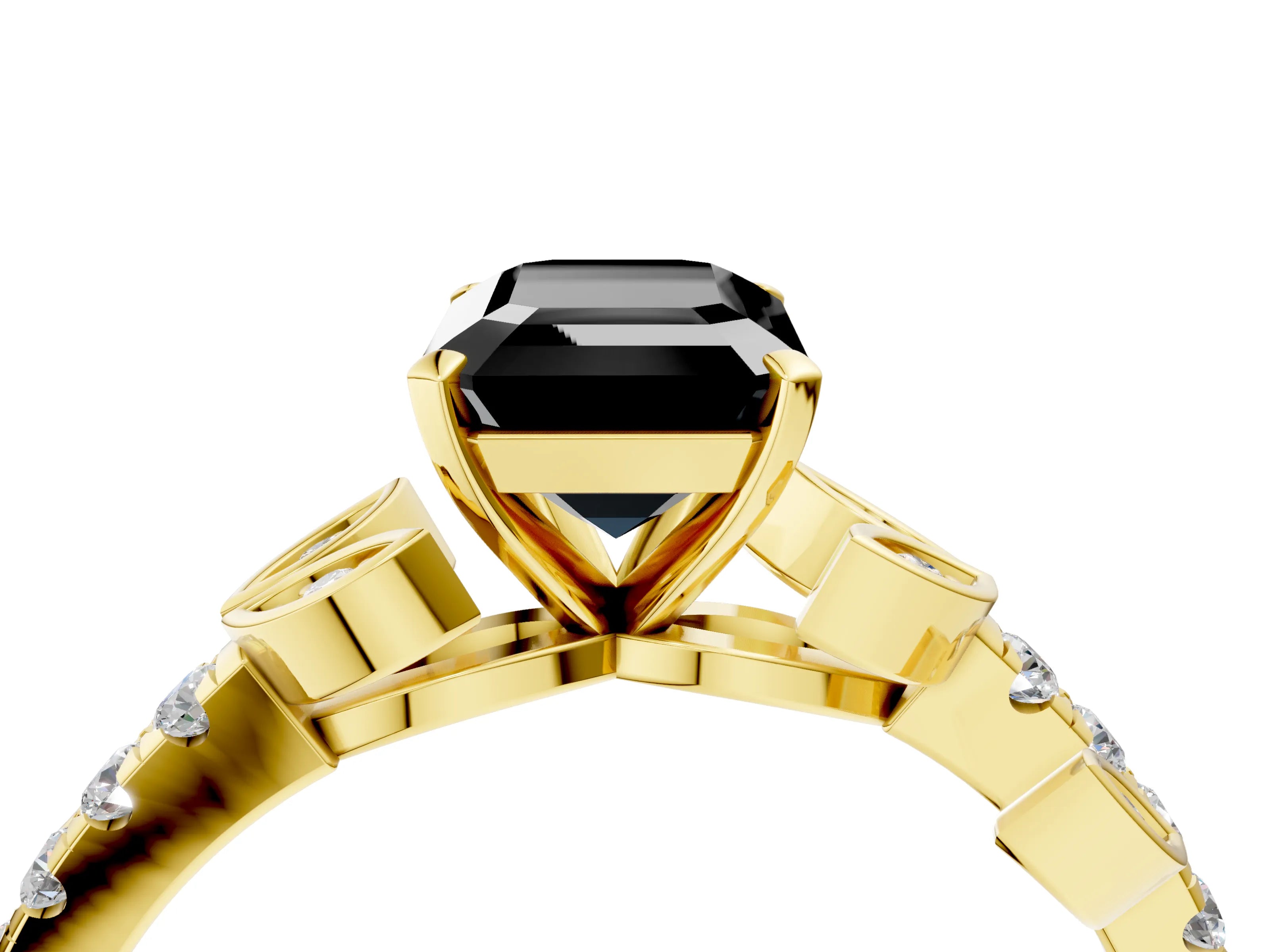 Yellow gold Fancy Black Emerald Cut Solitaire Leaf-Inspired Diamond Ring with Pavé Band and Four-Prong Setting_4