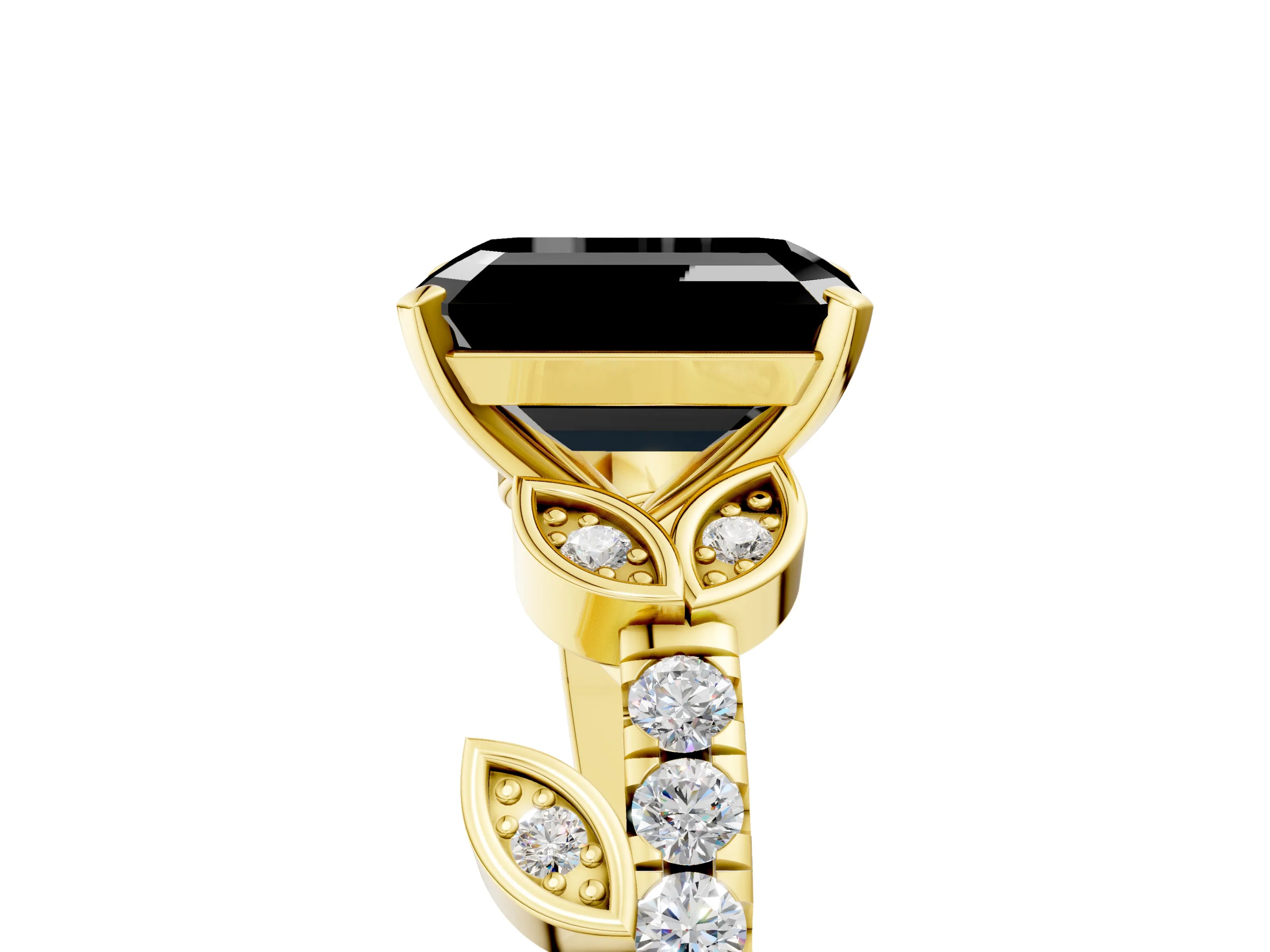 Yellow gold Fancy Black Emerald Cut Solitaire Leaf-Inspired Diamond Ring with Pavé Band and Four-Prong Setting_5