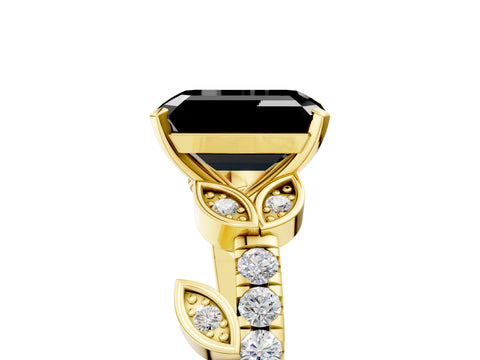 Yellow gold Fancy Black Emerald Cut Solitaire Leaf-Inspired Diamond Ring with Pavé Band and Four-Prong Setting_5