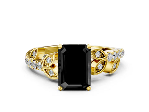 Yellow gold Fancy Black Emerald Cut Solitaire Leaf-Inspired Diamond Ring with Pavé Band and Four-Prong Setting