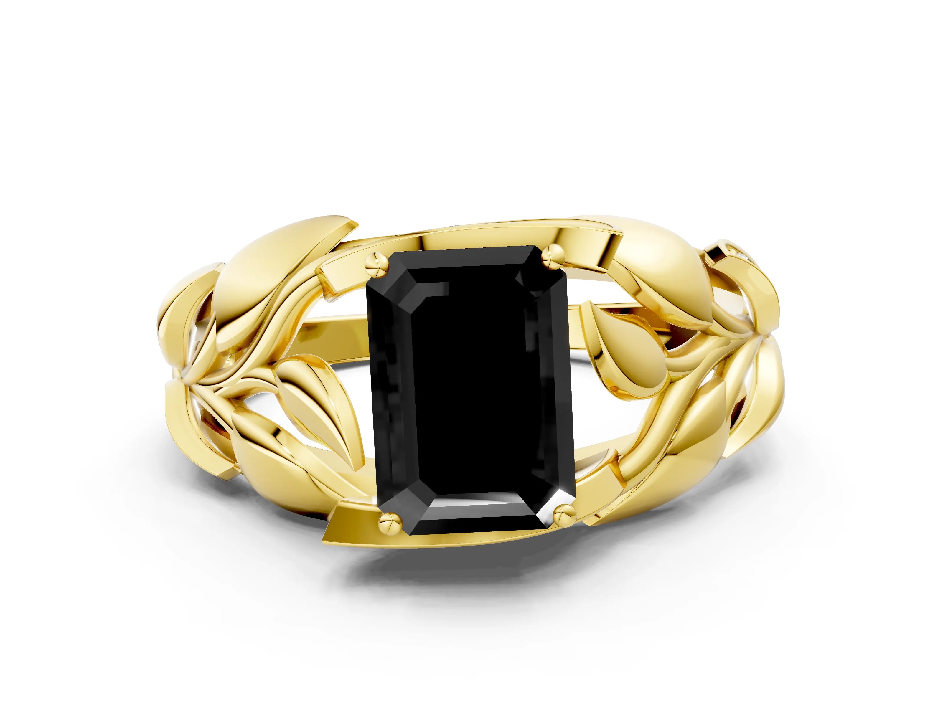 Yellow gold Fancy Black Emerald Cut Solitaire Leaf-Inspired Engagement Ring with Prong Setting
