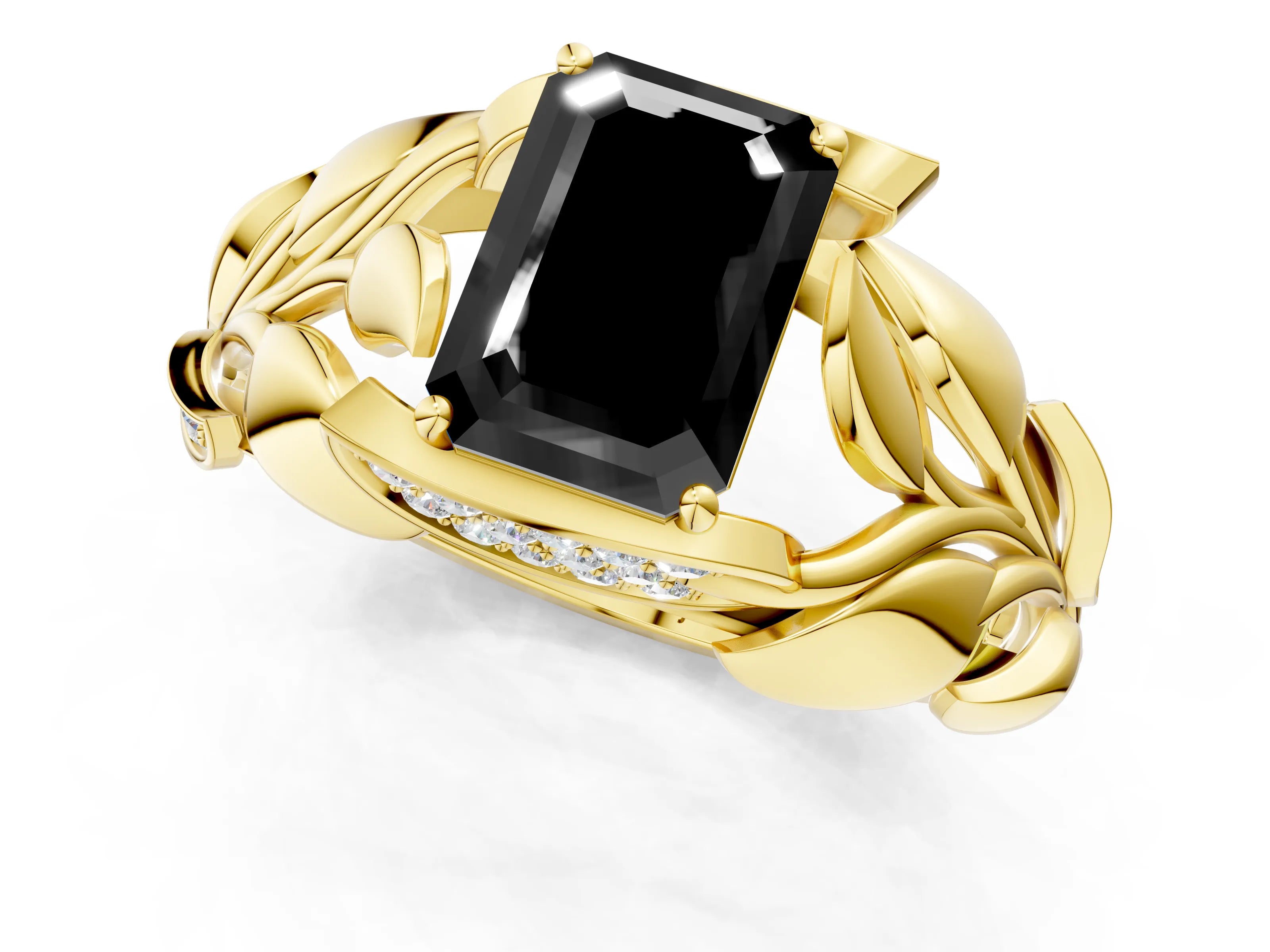 Yellow gold Fancy Black Emerald Cut Solitaire Leaf-Inspired Engagement Ring with Prong Setting_1