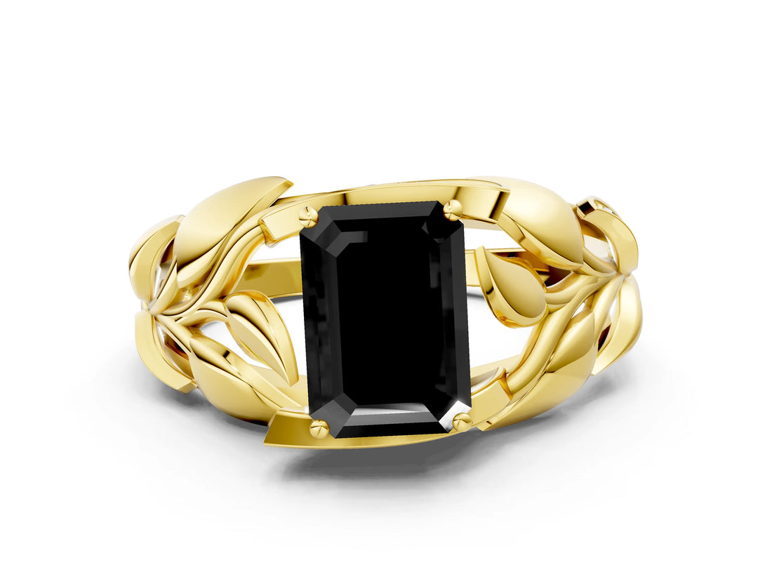 Yellow gold Fancy Black Emerald Cut Solitaire Leaf-Inspired Engagement Ring with Prong Setting_12