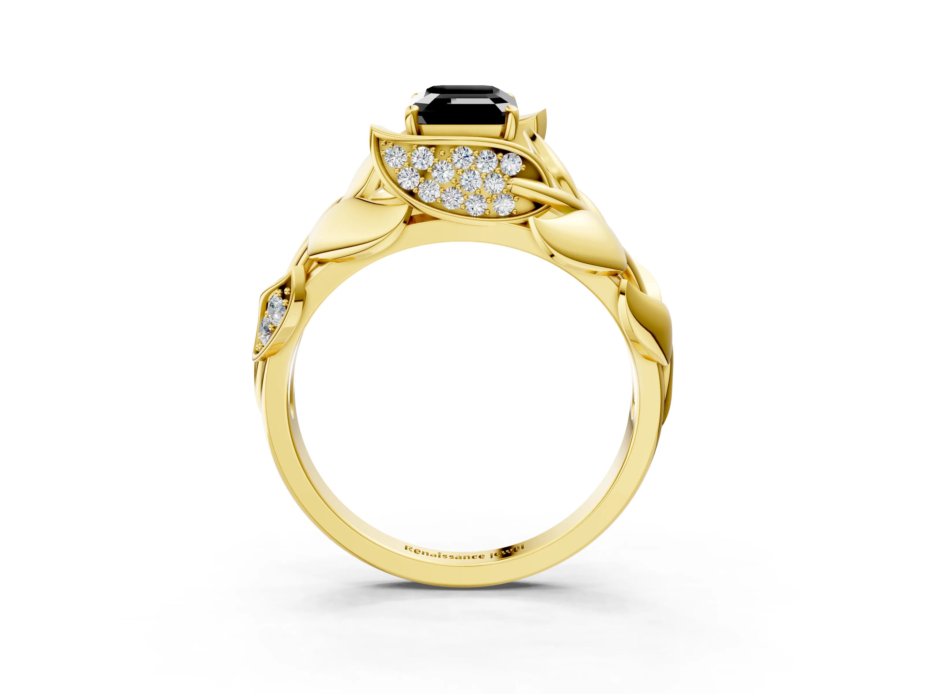 Yellow gold Fancy Black Emerald Cut Solitaire Leaf-Inspired Engagement Ring with Prong Setting_3