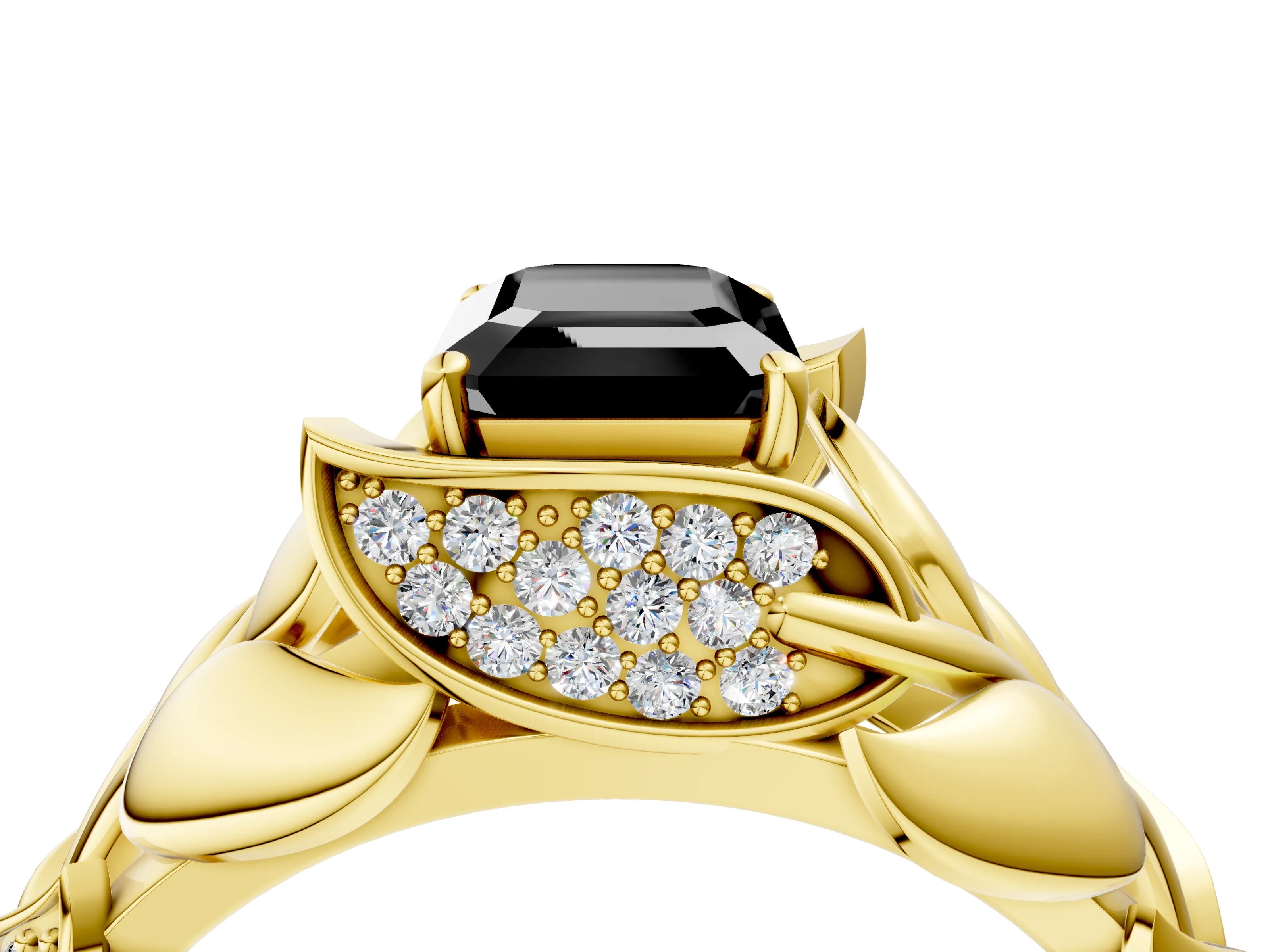 Yellow gold Fancy Black Emerald Cut Solitaire Leaf-Inspired Engagement Ring with Prong Setting_4