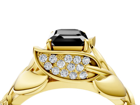 Yellow gold Fancy Black Emerald Cut Solitaire Leaf-Inspired Engagement Ring with Prong Setting_4