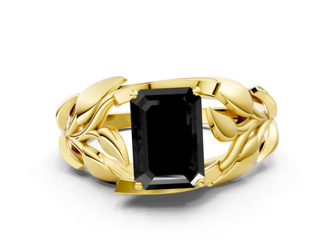 Yellow gold Fancy Black Emerald Cut Solitaire Leaf-Inspired Engagement Ring with Prong Setting