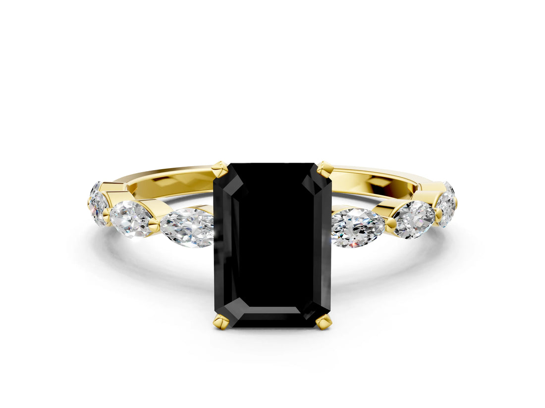 Yellow gold Fancy Black Emerald Cut Solitaire Marquise Side Stone Prong Setting Ring