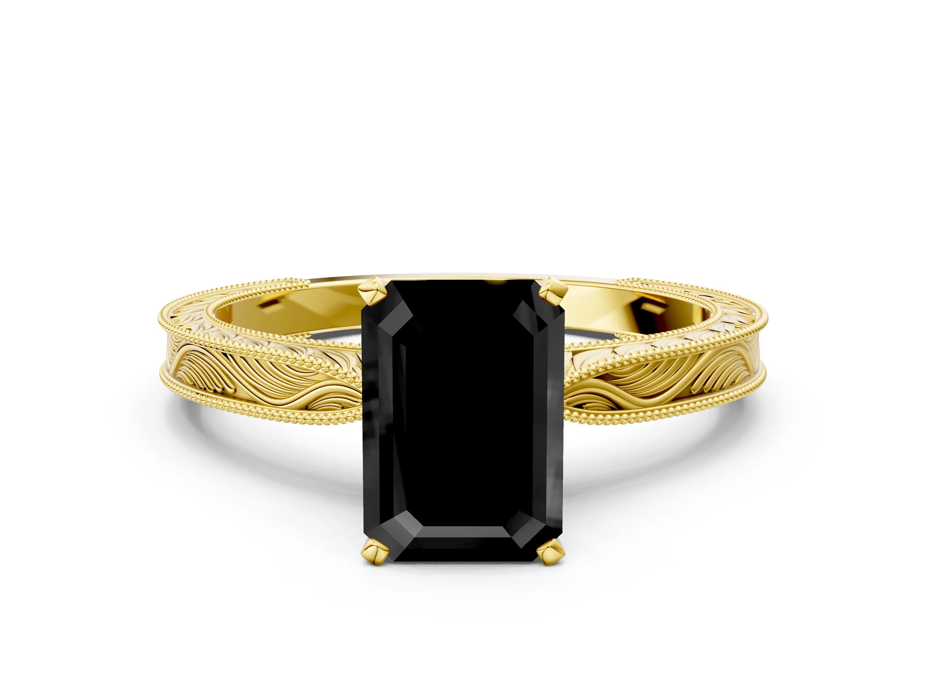 Yellow gold Fancy Black Emerald Cut Solitaire Milgrain Engraved Band with Four-Prong Setting