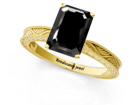 Yellow gold Fancy Black Emerald Cut Solitaire Milgrain Engraved Band with Four-Prong Setting_1