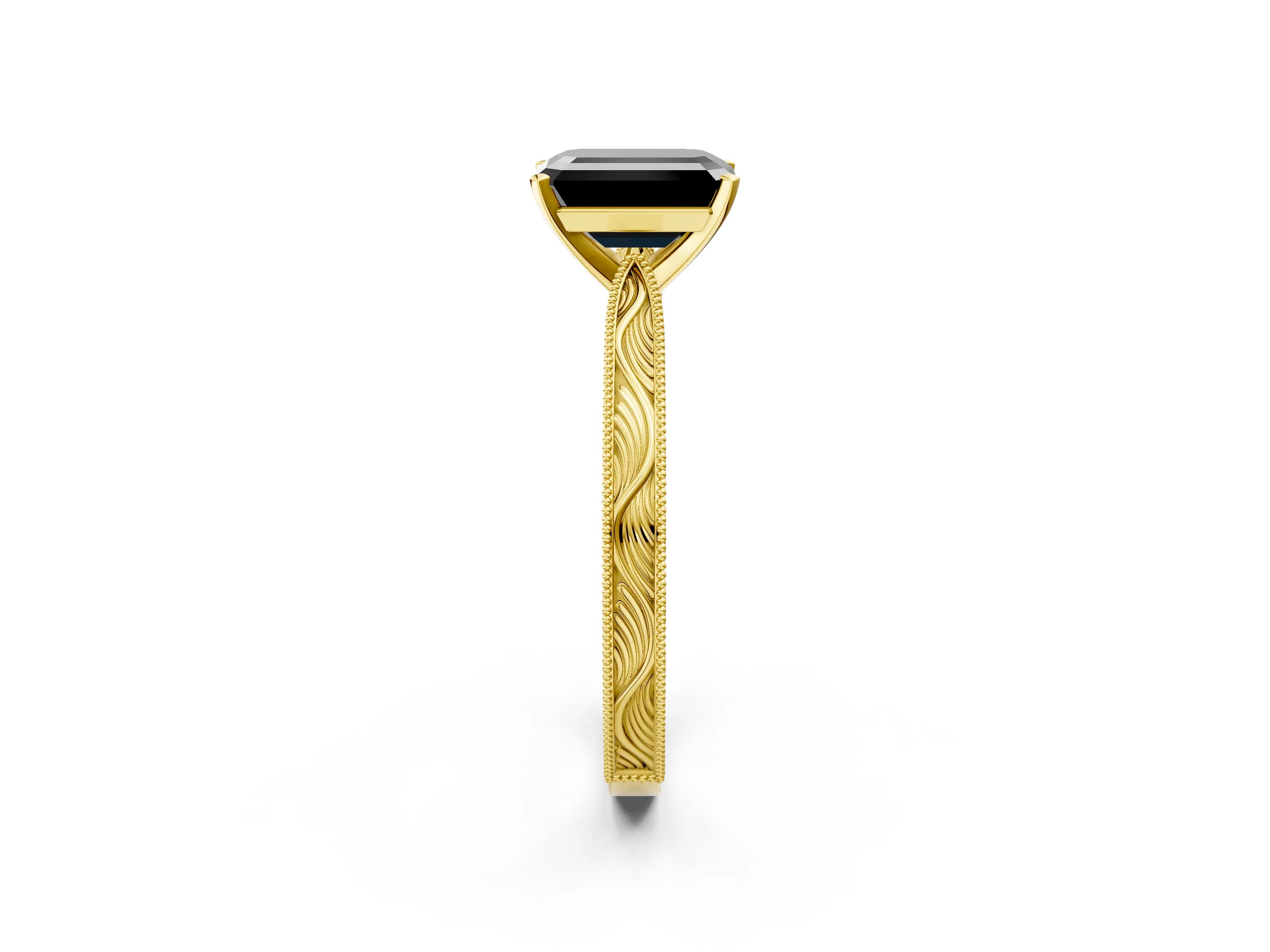 Yellow gold Fancy Black Emerald Cut Solitaire Milgrain Engraved Band with Four-Prong Setting_2