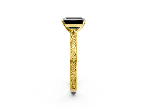 Yellow gold Fancy Black Emerald Cut Solitaire Milgrain Engraved Band with Four-Prong Setting_2