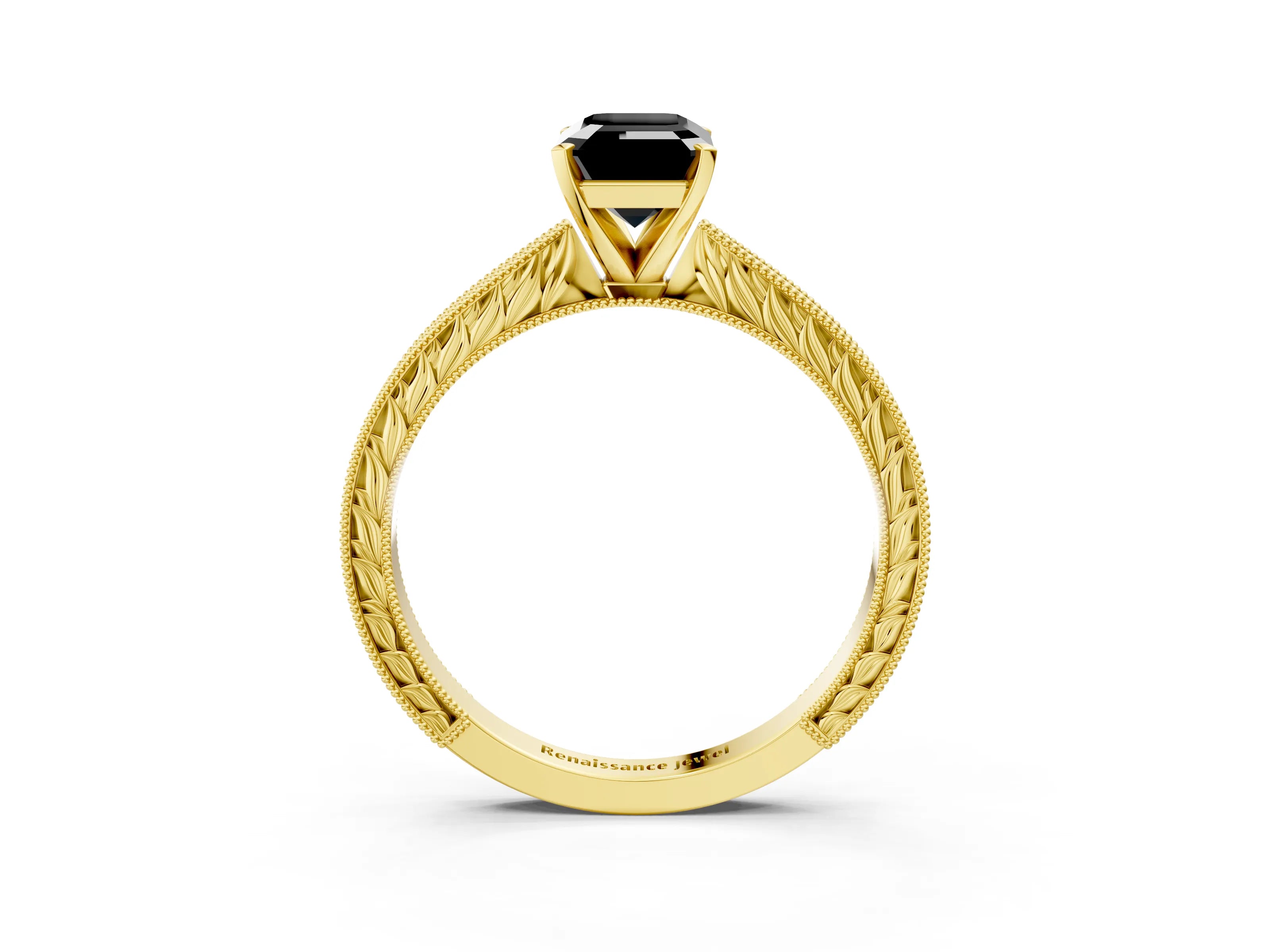 Yellow gold Fancy Black Emerald Cut Solitaire Milgrain Engraved Band with Four-Prong Setting_3