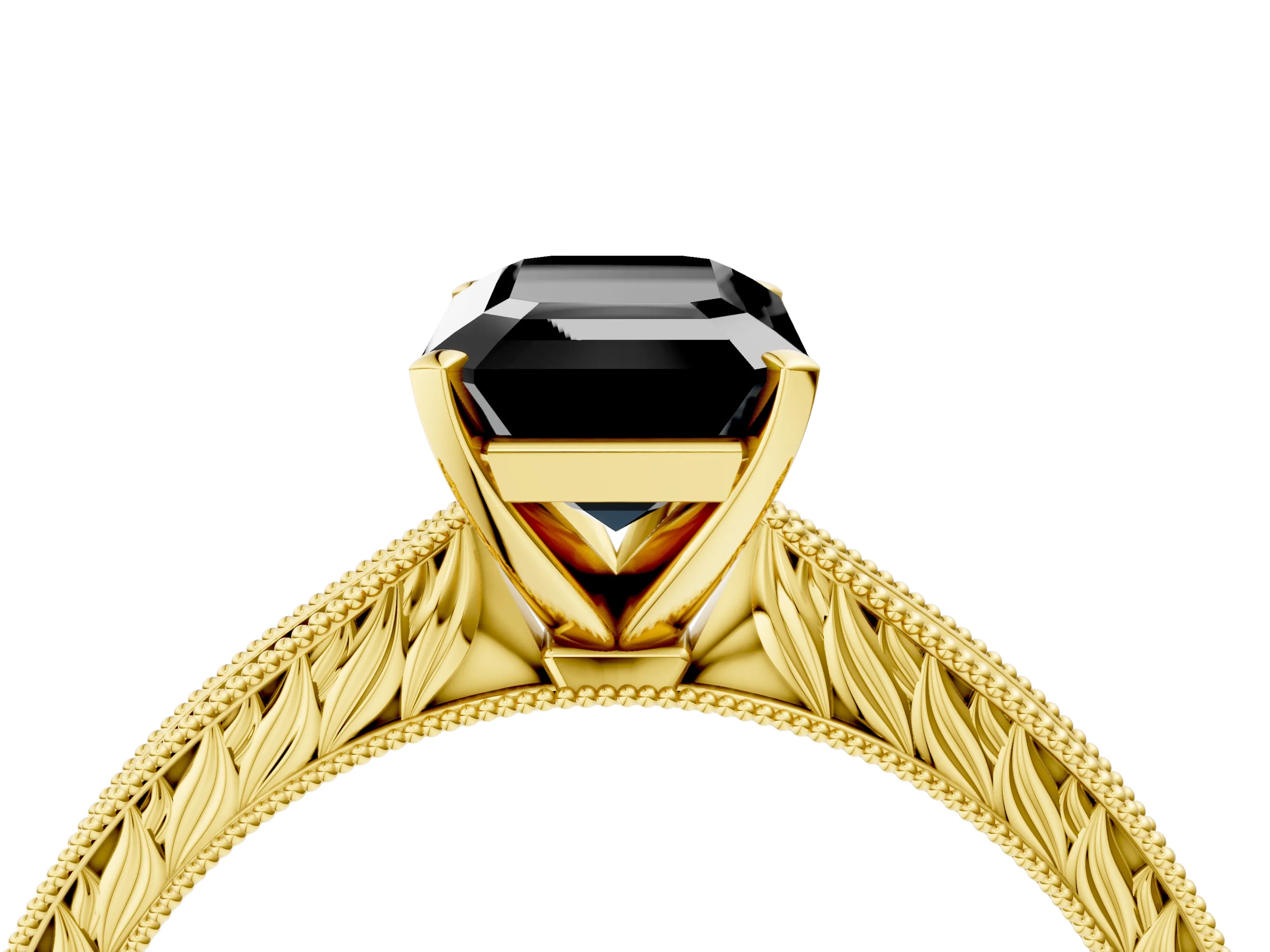 Yellow gold Fancy Black Emerald Cut Solitaire Milgrain Engraved Band with Four-Prong Setting_4