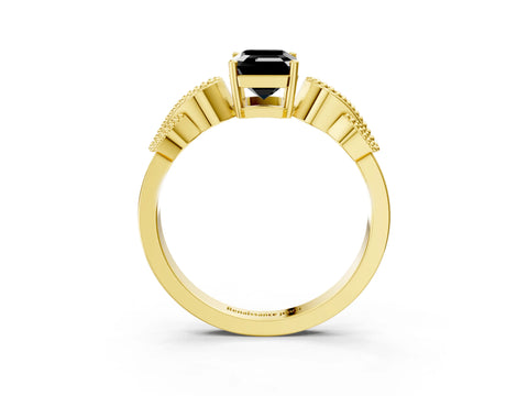 Yellow gold Fancy Black Emerald Cut Solitaire Milgrain Leaf Band with Prong Setting_3