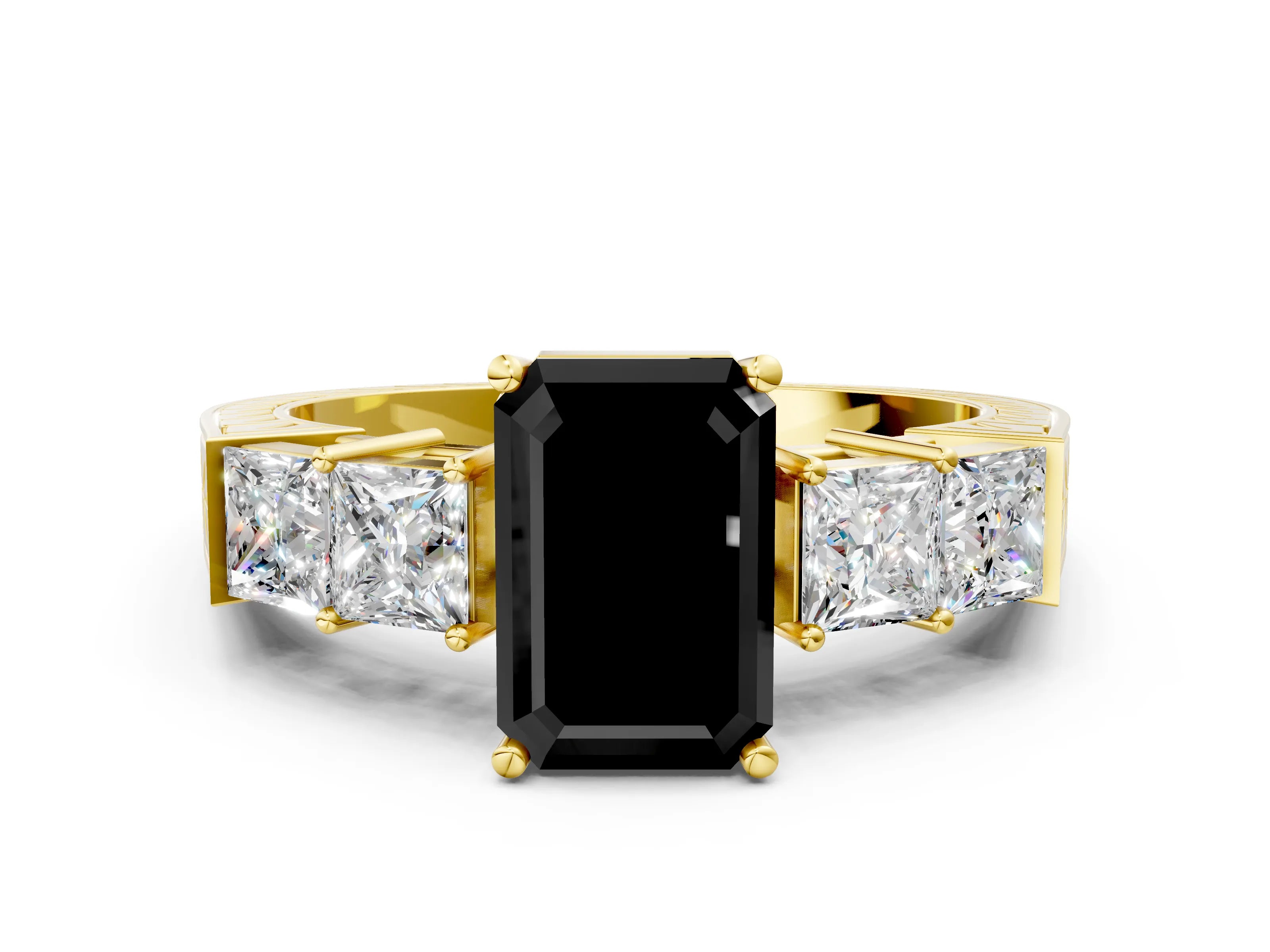 Yellow gold Fancy Black Emerald Cut Solitaire Princess Side Stone Engraved Band Prong Setting Ring