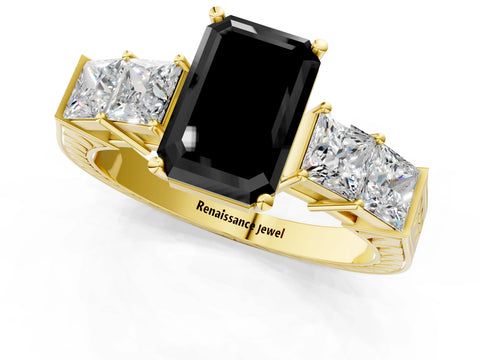Yellow gold Fancy Black Emerald Cut Solitaire Princess Side Stone Engraved Band Prong Setting Ring_1