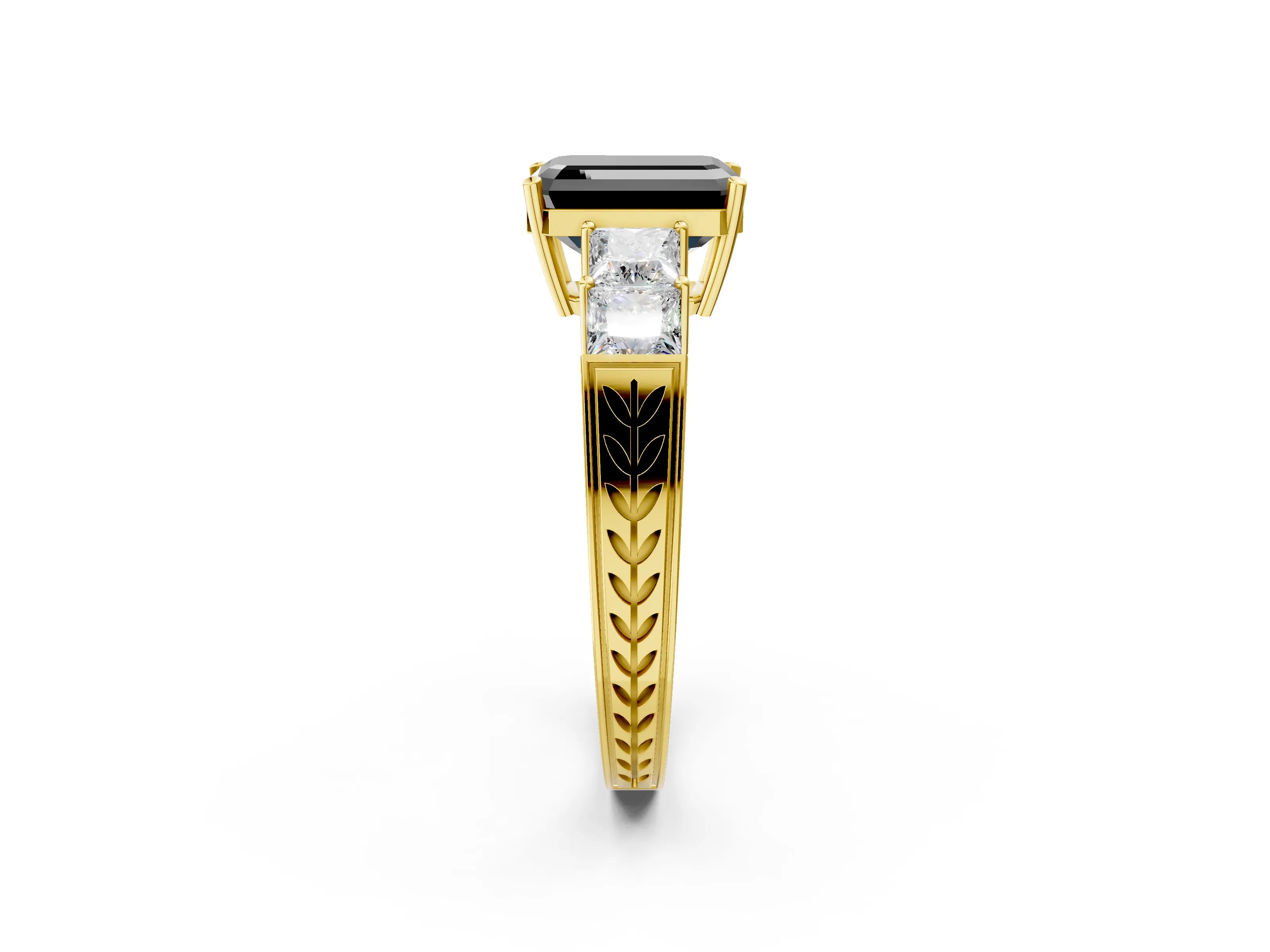 Yellow gold Fancy Black Emerald Cut Solitaire Princess Side Stone Engraved Band Prong Setting Ring_2
