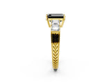 Yellow gold Fancy Black Emerald Cut Solitaire Princess Side Stone Engraved Band Prong Setting Ring_2