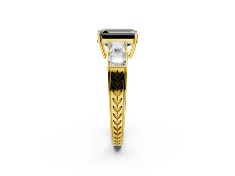 Yellow gold Fancy Black Emerald Cut Solitaire Princess Side Stone Engraved Band Prong Setting Ring_2
