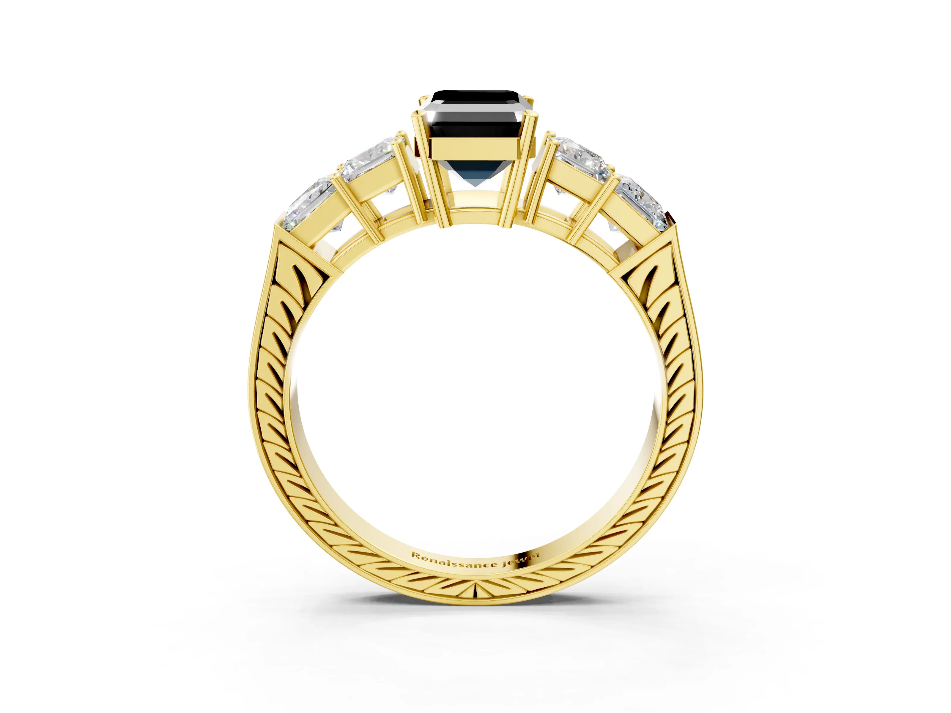 Yellow gold Fancy Black Emerald Cut Solitaire Princess Side Stone Engraved Band Prong Setting Ring_3