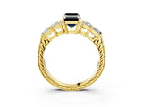 Yellow gold Fancy Black Emerald Cut Solitaire Princess Side Stone Engraved Band Prong Setting Ring_3