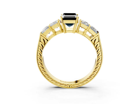 Yellow gold Fancy Black Emerald Cut Solitaire Princess Side Stone Engraved Band Prong Setting Ring_3