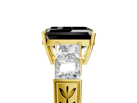 Yellow gold Fancy Black Emerald Cut Solitaire Princess Side Stone Engraved Band Prong Setting Ring_5
