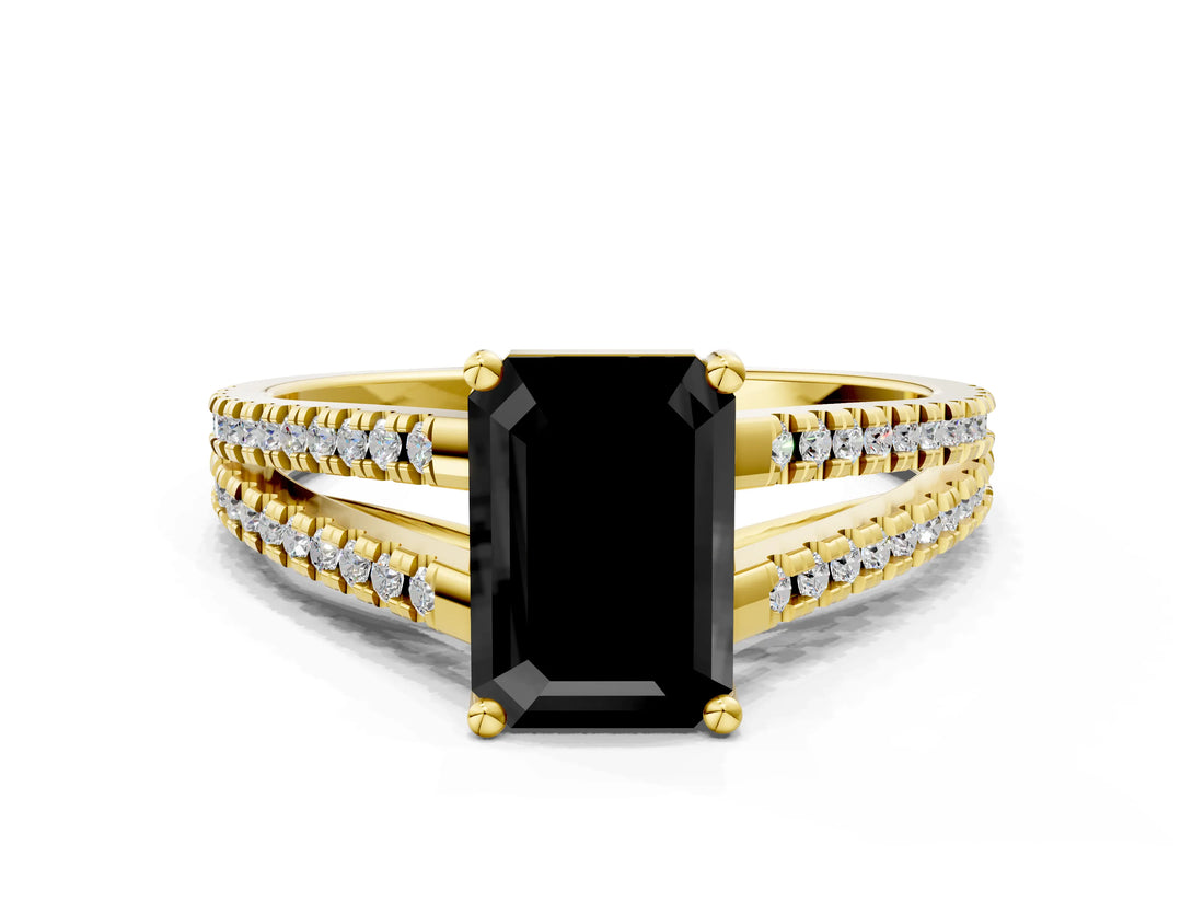 Yellow gold Fancy Black Emerald Cut Solitaire Split Shank Pavé Diamond Engagement Ring