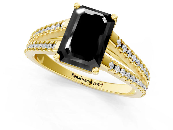 Yellow Gold Emerald Cut Pave Split Shank Engagement Ring Setting for Black Center