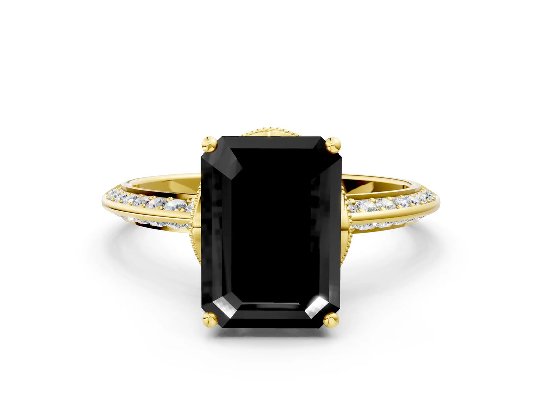 Yellow gold Fancy Black Emerald Cut Solitaire Split Shank Pave Diamond Engagement Ring with Four-Prong Setting