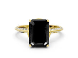 Yellow gold Fancy Black Emerald Cut Solitaire Split Shank Pave Diamond Engagement Ring with Four-Prong Setting
