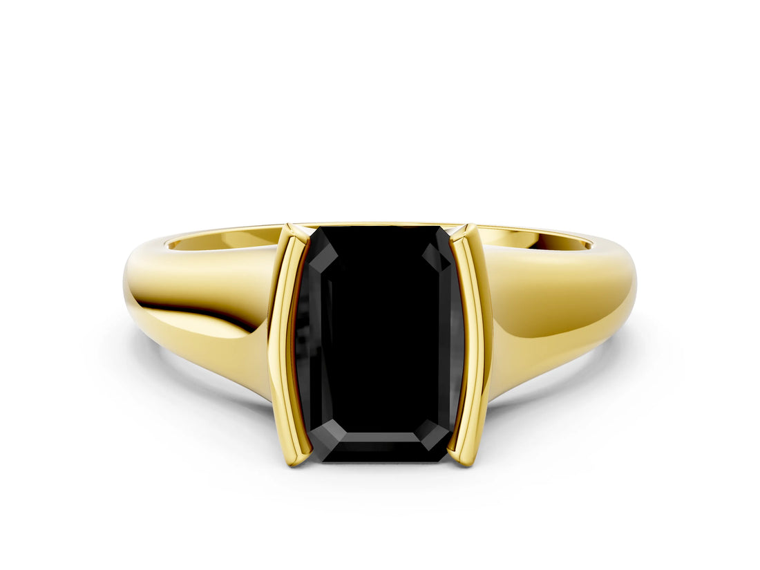 Yellow gold Fancy Black Emerald Cut Solitaire Tension Set Diamond Ring with Split Shank Band