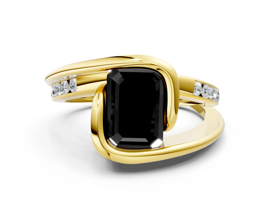 Yellow gold Fancy Black Emerald Cut Solitaire Tension-Set Diamond Split Shank Ring