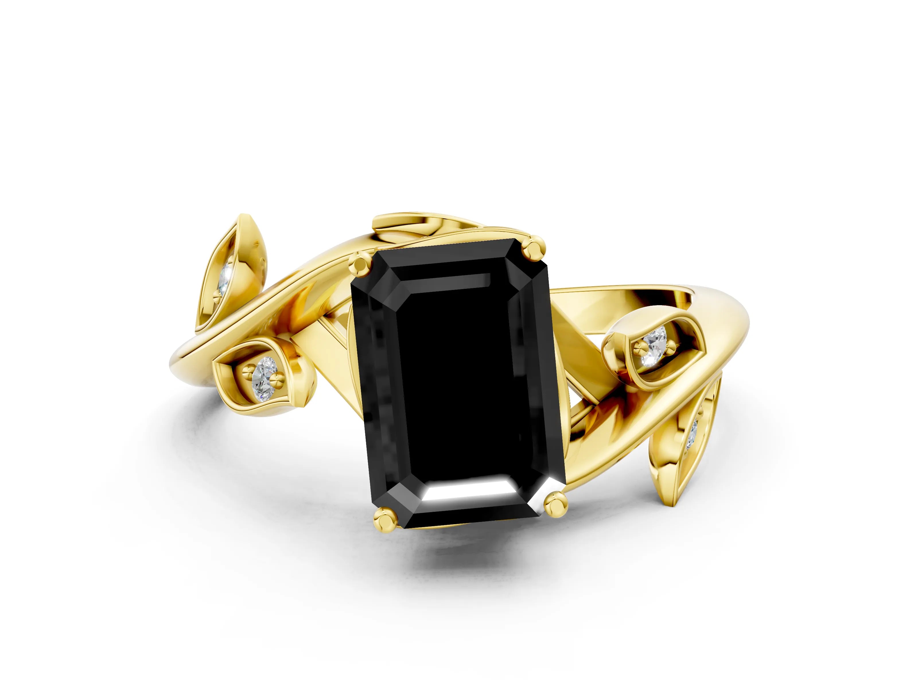 Yellow gold Fancy Black Emerald Cut Solitaire Twist Engagement Ring with Leaf Accents and Prong Setting_12